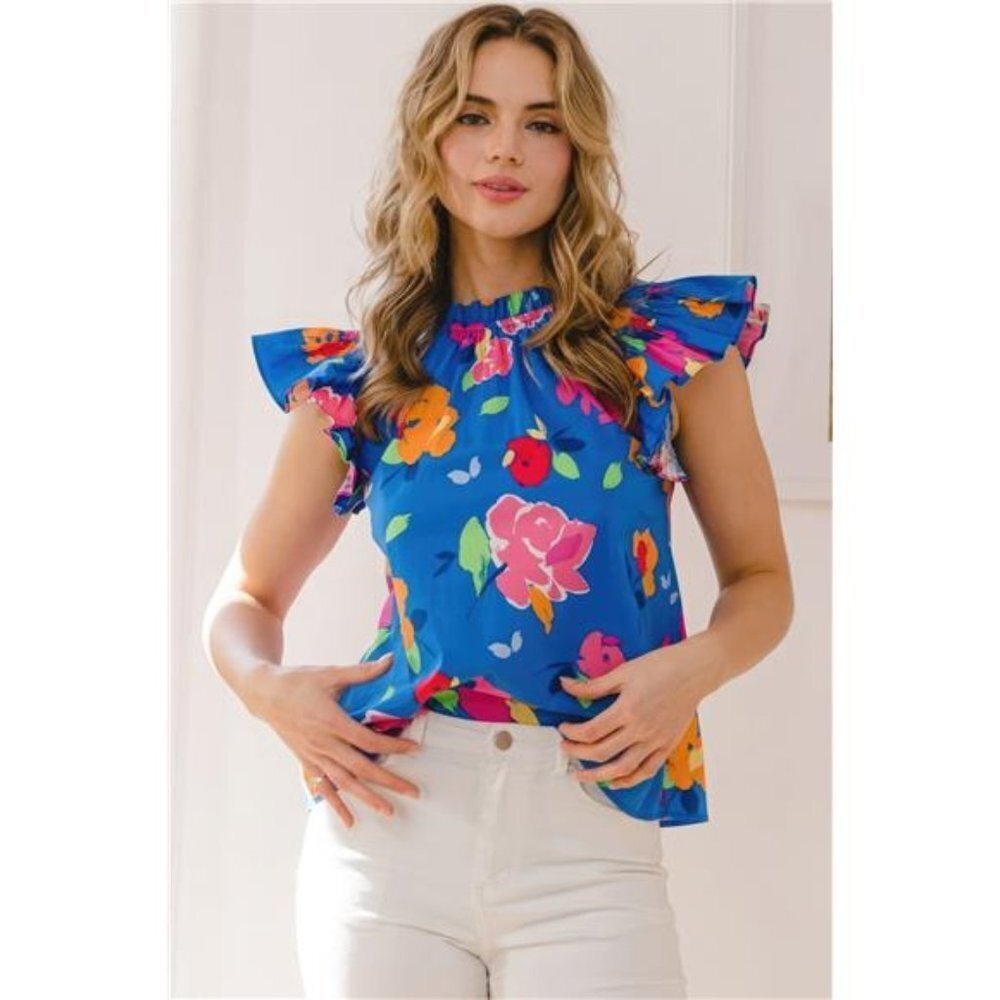 Floral Printed Blouse /Ruffle neck/ and Stylish Details In A Vibrant Royal Blue